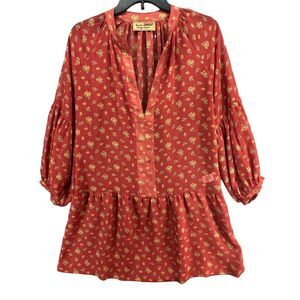 Karen Zambos Tunic Blouse Womens S Rust Orange Floral Top Boho Peasant Cottage